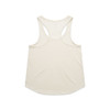 A light cream racerback tank top featuring a rounded hem and a logo tag.