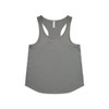 A grey racerback tank top with a simple design and a logo. Suitable for active wear.