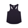 A dark purple racerback tank top featuring a rounded hem and a logo.