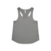 A grey racerback singlet with a smooth fabric and a logo on the side.