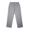 A pair of grey track pants with an elastic waistband and two side pockets, featuring a brand logo.