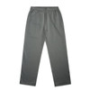 A pair of grey cuffless track pants with an elastic waistband and side pockets. Features a branding logo.
