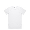 A white staple raglan t-shirt displayed flat, featuring a logo at the neckline.