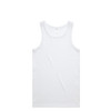 A white organic rib singlet featuring a round neckline and wide shoulder straps. The garment has a logo.