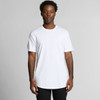 A plain white T-shirt with a relaxed fit, featuring short sleeves and a rounded neckline. It has a logo on it.
