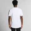 A white T-shirt with a curved hem viewed from the back, featuring short sleeves and a plain design.