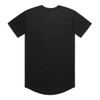 A black T-shirt with a curved hem and short sleeves, featuring a logo on the back.