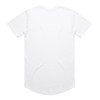 A plain white t-shirt with a rounded hem, featuring a branding logo on the back.