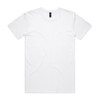 A white T-shirt with a round neck and short sleeves, featuring a logo on the label.