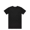 A black t-shirt with a round neck and short sleeves, featuring a logo on the interior label.