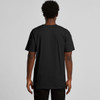 A black t-shirt is displayed, featuring a standard crew neckline and short sleeves. The back view shows a minimal design with a logo.