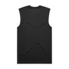 A black sleeveless tank top with a smooth texture and a logo on the back.