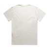 A plain white T-shirt with short sleeves, featuring a simple design and a logo on the back.