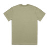 A t-shirt in a faded olive green colour, featuring a simple design and a logo on the back.