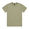 A light khaki t-shirt with a crew neckline and short sleeves. It features a logo on the tag.