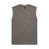 An olive green heavy faded tank top with a rounded neckline and no sleeves, featuring a simple design and a logo.