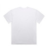 A white tee shirt with a relaxed fit and a logo on the back.