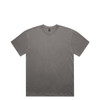 A grey t-shirt with a round neckline and short sleeves, featuring a logo on the label.