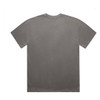 A grey t-shirt with a simple design and short sleeves, featuring a logo on the back.