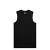 A black sleeveless tank top displayed flat, featuring a label and a simple design. It has a logo on the tag.