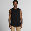 A black sleeveless tank top with a relaxed fit, featuring a logo on the front.