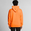 An orange hoodie with a hood, viewed from the back. The garment has a simple design and includes a logo.