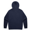 A navy blue hoodie featuring a hood and long sleeves, with a plain back and a branded logo.