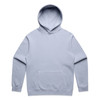 A light blue hoodie with a front pocket and an attached hood, featuring a logo.
