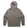 A faded olive green hoodie with a kangaroo pocket and a hood, featuring a logo. The back view is shown.
