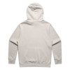 A faded grey hoodie with a large hood and long sleeves, featuring a minimalist design and a logo.