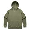 An olive green hoodie featuring a front pocket and a hood, with a branding logo on the label.