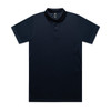 A dark navy polo shirt with a collar and three buttons. It features a logo on the fabric.