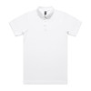 A white polo shirt with a collar and buttons, featuring a logo on the chest. Suitable for workwear.
