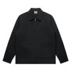 A black heavy canvas jacket featuring a zippered front and two large pockets, with a logo on the chest area.