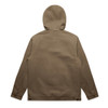 A heavy hooded jacket in a brown colour, featuring a hood and a simple design. It has a logo on it.