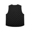 A black quilted vest featuring a diamond pattern and no sleeves, showcasing a simple, modern design.
