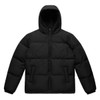 A black hooded puffer jacket with a zip front and two side pockets, featuring a logo on the exterior.