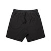 Black sports shorts with an elastic waistband and drawstring, featuring a logo on one side.