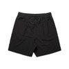 A pair of black sports shorts featuring an elastic waistband and a back pocket, with a logo on the fabric.