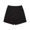 Black sports shorts featuring an elastic waistband and a drawstring, with a side pocket and a logo.
