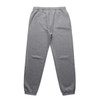 A pair of grey track pants with an elastic waistband and fitted cuffs, featuring a logo.