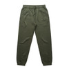 Olive green track pants with an elastic waistband and cuffs. Includes pockets and a drawstring. Features a logo.