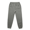 A pair of grey track pants with an elastic waistband and a single back pocket. Features a branding logo.