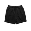 Black track shorts with an elastic waistband and drawstring, featuring a relaxed fit and side pockets.