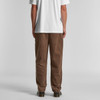 Brown corduroy pants with a loose fit, displayed from the back, paired with a plain white t-shirt.