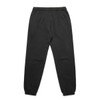 Relaxed black track pants with an elastic waistband and cuffs, featuring side pockets and a brand logo.