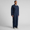 Navy canvas coveralls with long sleeves and zip front, featuring a logo on the chest. Suitable for workwear.
