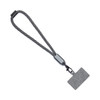 A black and grey lanyard with a textured phone strap and a clip attachment. Includes a branding logo.