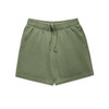Faded green track shorts with an elastic waistband and drawstring, featuring two side pockets.