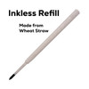 An inkless refill made from wheat straw, featuring a black writing tip and a textured white body.